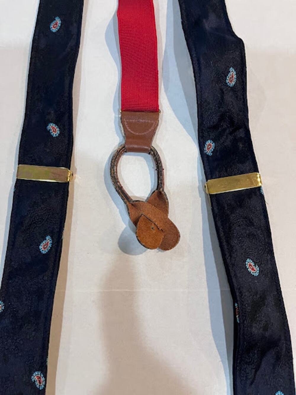 Vintage Silk Suspenders Braces Navy Red Paisley Brown Leather Fully Expandable
